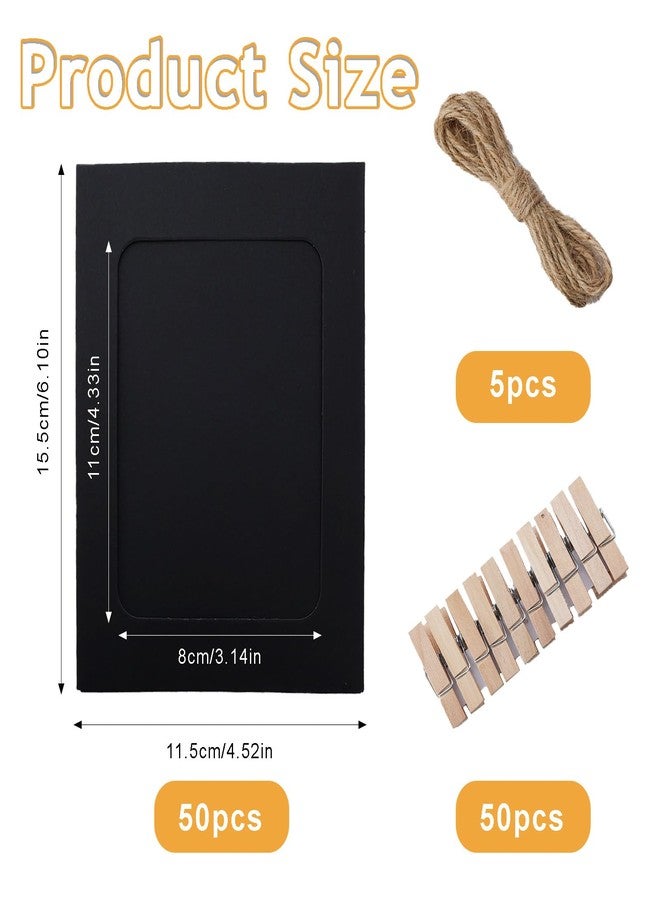 إطارات صور ورقية Avxzbef مقاس 4×6، 50 قطعة من إطارات الصور الورقية السوداء، ديكور حائط كولاج من الورق المقوى مع 50 مشبك خشبي و5 خيوط، حوامل عرض صور بمشابك يمكنك صنعها بنفسك للمنزل والمكتب - Image 2